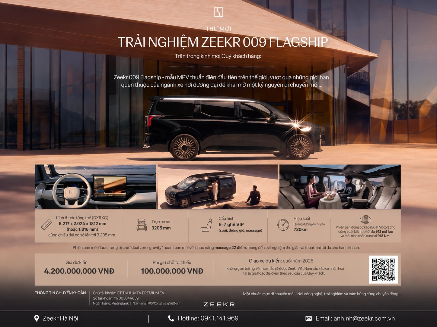 Zeekr 009 là biểu tượng mới của dòng xe MPV điện hạng sang. Khám phá thiết kế đẳng cấp, nội thất chuyên cơ và công nghệ đỉnh cao trên Zeekr 009 ngay hôm nay!